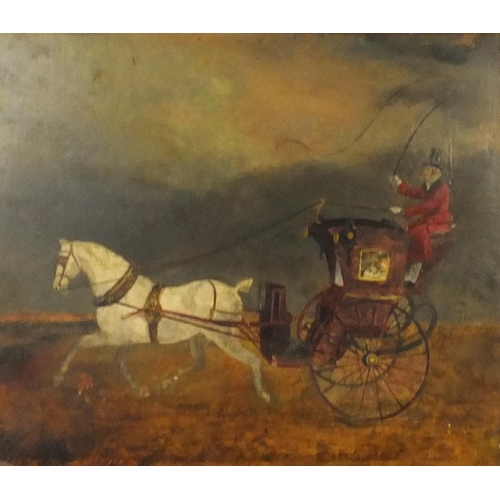 1011 - Oil onto canvas view of figures in a horse and chariot, housed in a birds eye maple frame, 28cm x 25... 