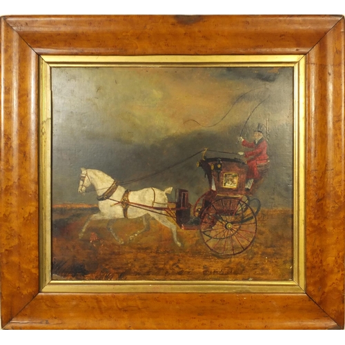 1011 - Oil onto canvas view of figures in a horse and chariot, housed in a birds eye maple frame, 28cm x 25... 