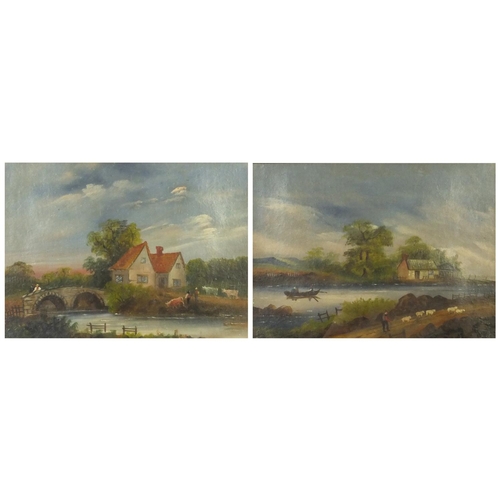 996 - Two Victorian oil onto board views, one of a farmer with his flock of sheep before buildings, the ot... 