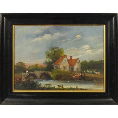 996 - Two Victorian oil onto board views, one of a farmer with his flock of sheep before buildings, the ot... 