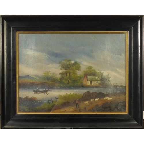 996 - Two Victorian oil onto board views, one of a farmer with his flock of sheep before buildings, the ot... 