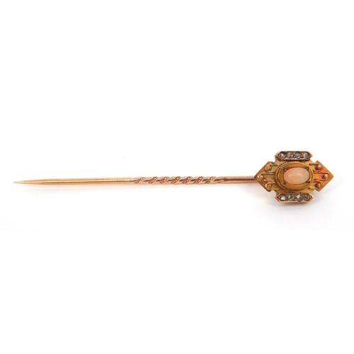 884 - Victorian 15ct gold coral and diamond tie pin, 6cm long, approximate weight 2.2g