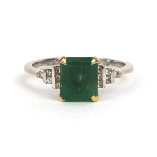 826 - 18ct white gold emerald and diamond ring, size O, approximate weight 3.9g