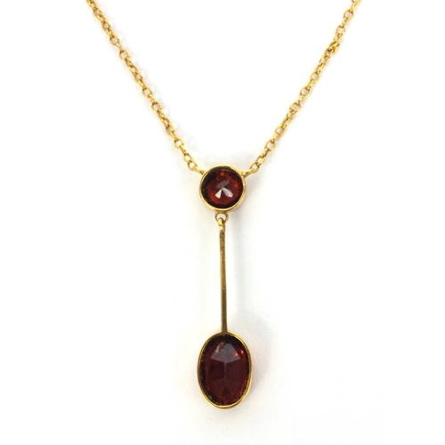 874 - 9ct gold garnet necklet, 46cm long, approximate weight 3.2g