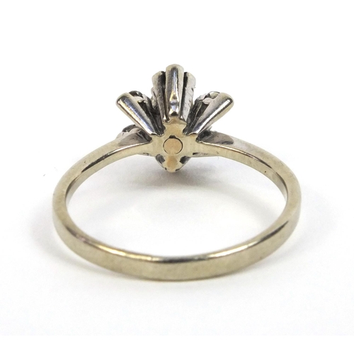 851 - Unmarked white metal diamond flower head ring, size N, approximate weight 3.6g