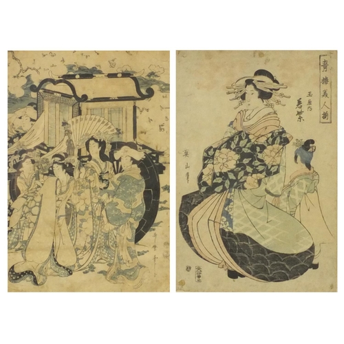 587 - Two Japanese wood block prints, one by Ytamuno, both depicting geisha girls, both with character mar... 