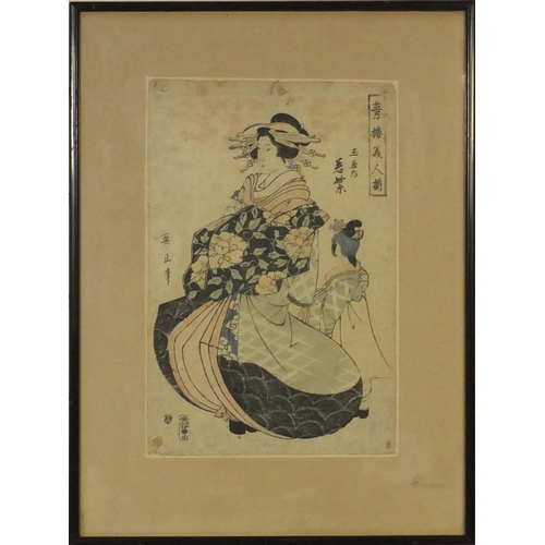 587 - Two Japanese wood block prints, one by Ytamuno, both depicting geisha girls, both with character mar... 