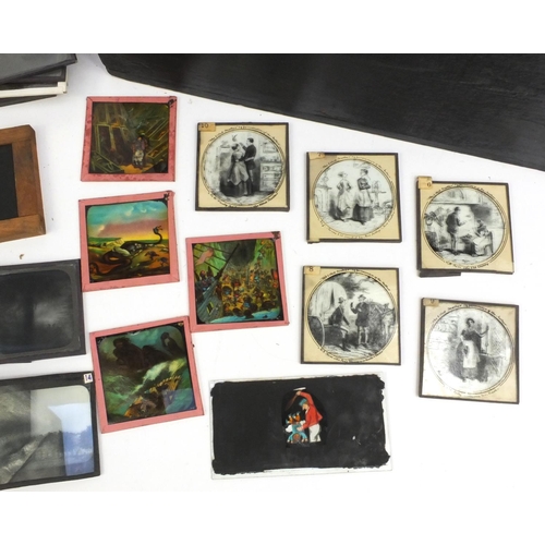 218 - Large collection of photographic glass slides, some coloured, including moving magic lantern slides,... 