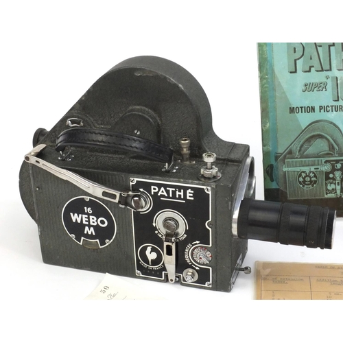 206 - Pathé Super 16mm Webo motion camera, housed in a leather case with instruction booklet, 27cm long