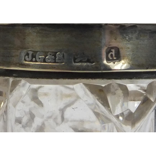 776 - Silver and glass three piece cruet on stand, indistinct Birmingham hallmark, 10cm high