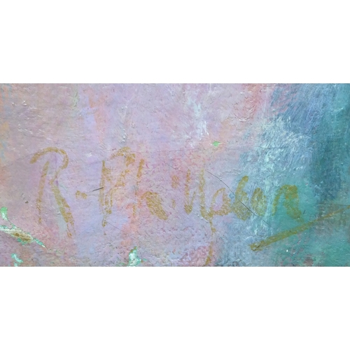 1018 - Unframed oil onto canvas abstract composition of a nude female, bearing an indistinct signature R.Ph... 