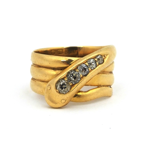 807 - 18ct gold serpent ring set with diamonds, size Q, approximate weight 9.0g