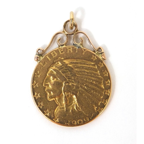 280 - 1909 American gold five dollar with pendant mount, approximate weight 8.8g