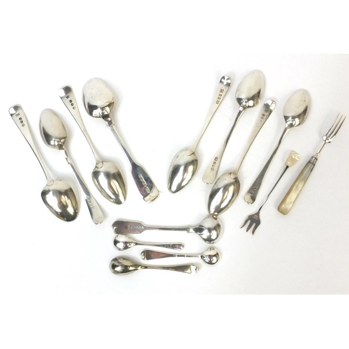 796 - Silver flatware comprising seven Georgian silver spoons, a Victorian silver spoon, two silver mustar... 