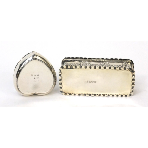770 - Two silver jewel boxes with hinged lids one in the shape of a love heart, both Chester hallmarked, t... 