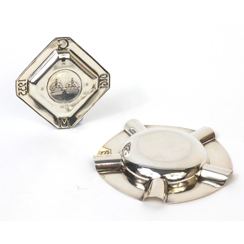 782 - Circular silver ash tray and a silver 1910 - 1935 commemorative dish, both Birmingham hallmarked, th... 