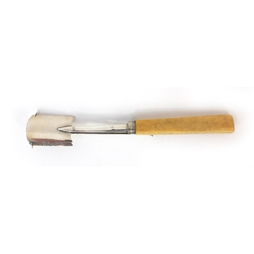 790 - Georgian silver stilton cheese scoop with pusher and ivory handle, J,L Birmingham 1817, 17.5cm long,... 