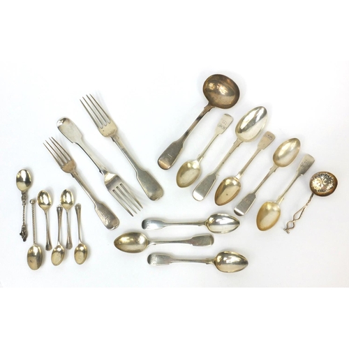 794 - Georgian and later silver flatware including forks, spoons and a sifting spoon, various hallmarks, t... 