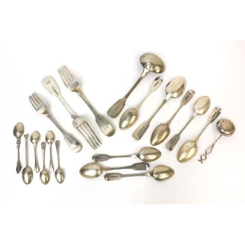 794 - Georgian and later silver flatware including forks, spoons and a sifting spoon, various hallmarks, t... 