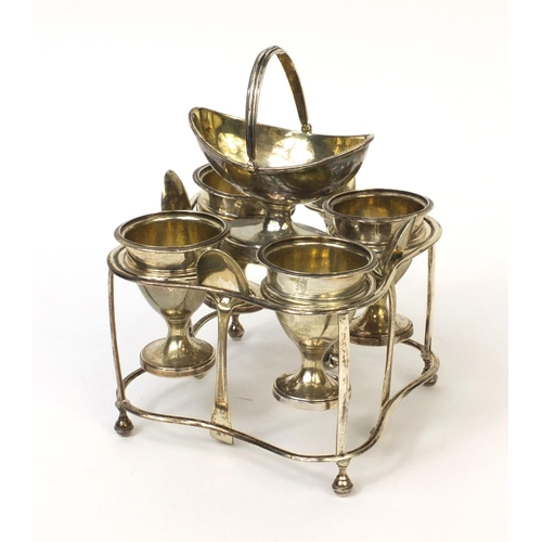 739 - Georgian silver egg cruet set with four removable egg cups and spoons, the stand A.C London 1832, 15... 