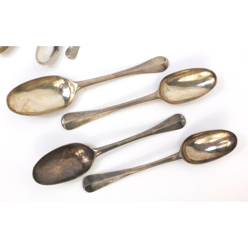 793 - Set of four Georgian silver table spoons and five teaspoons, the larger 20cm long, approximate weigh... 