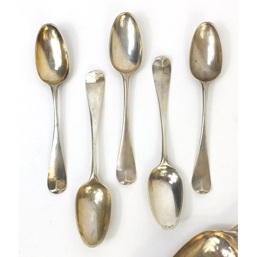 793 - Set of four Georgian silver table spoons and five teaspoons, the larger 20cm long, approximate weigh... 