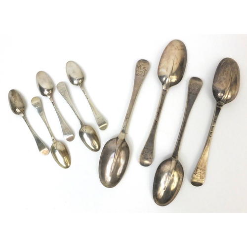 793 - Set of four Georgian silver table spoons and five teaspoons, the larger 20cm long, approximate weigh... 