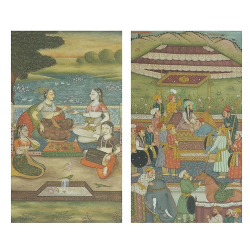 338 - Two Middle Eastern Mughal style watercolours, one of figures kneeling and one of figures playing mus... 