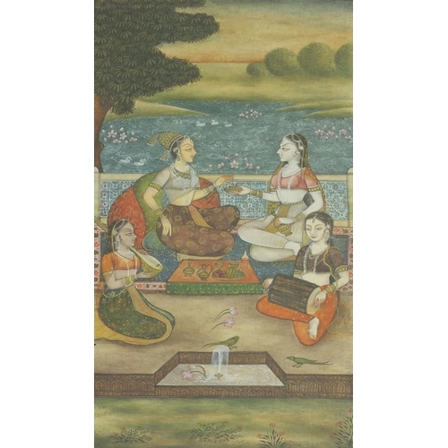 338 - Two Middle Eastern Mughal style watercolours, one of figures kneeling and one of figures playing mus... 