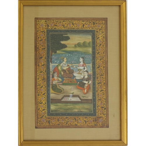 338 - Two Middle Eastern Mughal style watercolours, one of figures kneeling and one of figures playing mus... 