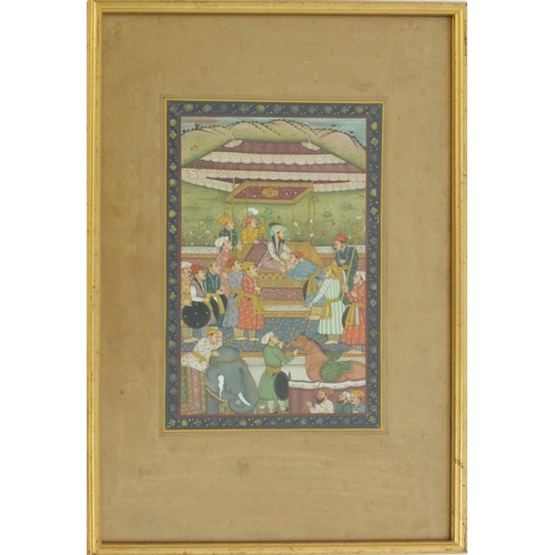 338 - Two Middle Eastern Mughal style watercolours, one of figures kneeling and one of figures playing mus... 