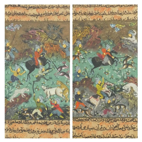 340 - Two Middle Eastern Mughal style watercolours of warriors on horsebacks fighting mythical animals wit... 