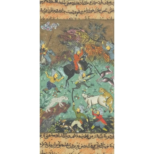 340 - Two Middle Eastern Mughal style watercolours of warriors on horsebacks fighting mythical animals wit... 