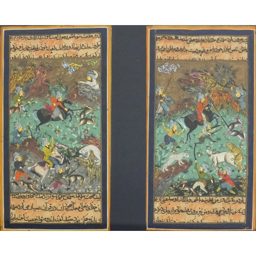 340 - Two Middle Eastern Mughal style watercolours of warriors on horsebacks fighting mythical animals wit... 