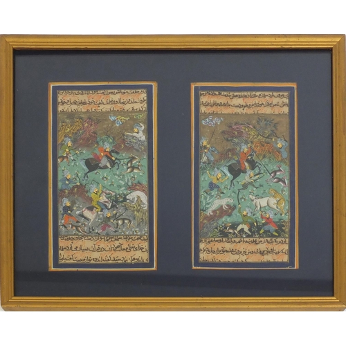 340 - Two Middle Eastern Mughal style watercolours of warriors on horsebacks fighting mythical animals wit... 