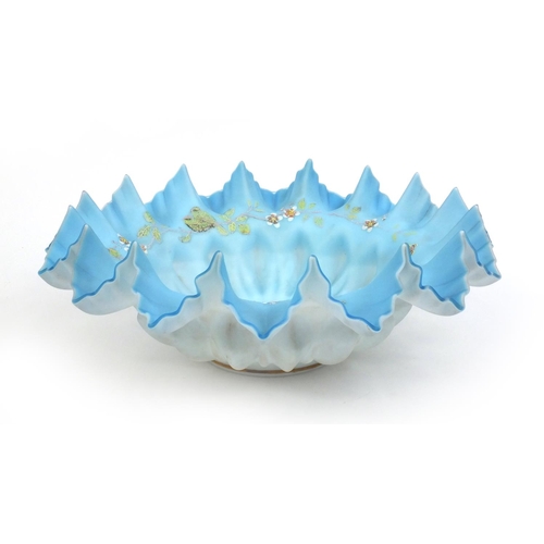628 - Victorian pale blue satin glass fluted bowl hand painted with butterflies and flowers, 33cm in diame... 
