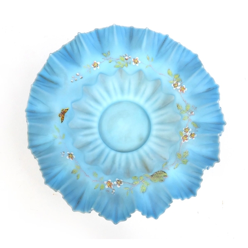 628 - Victorian pale blue satin glass fluted bowl hand painted with butterflies and flowers, 33cm in diame... 