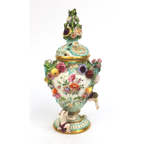 614 - Victorian Staffordshire twin handle vase and cover, hand painted and decorated in relief with flower... 