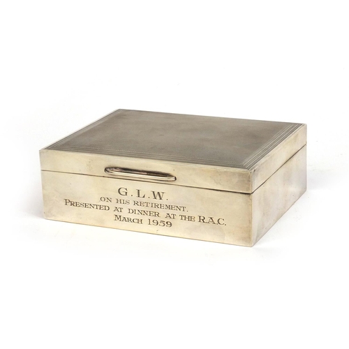 777 - Rectangular silver cigarette box, the lid with engine turned decoration, W.G Birmingham 1957, 11.5cm... 