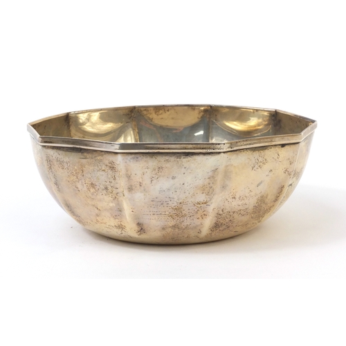 764 - Greek decagnol silver bowl marked 925 and makers mark to the interior, 15cm in diameter, approximate... 