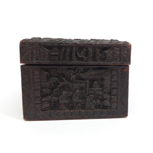 545 - Chinese Cantonese wooden glove box with hinged lid profusely carved with figures amongst pagodas and... 