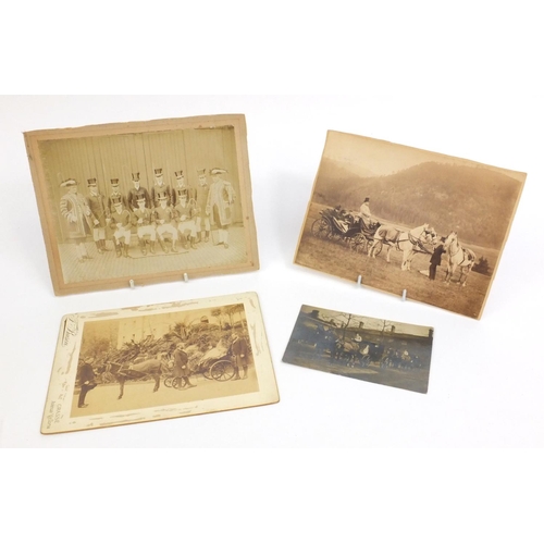 209 - Four photographic cabinet cards and postcards including one of Queen Victory in a horse drawn cart, ... 