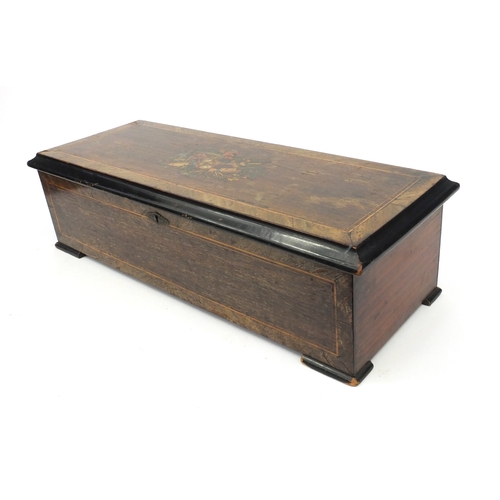 342 - Inlaid rosewood Swiss music box the hinged lid opening to reveal a 13inch brass cylinder playing on ... 