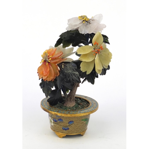 576 - Chinese cloisonné pot with hardstone bonze tree, 16cm high