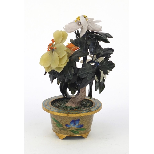 576 - Chinese cloisonné pot with hardstone bonze tree, 16cm high