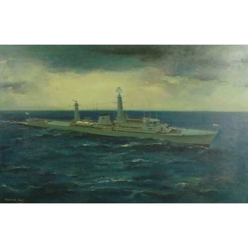 398 - Military interest oil onto canvas view of a Royal Naval battleship in a stormy sea, signed Crosbie, ... 