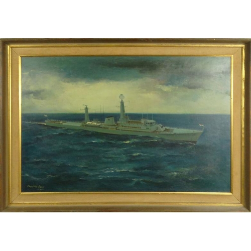 398 - Military interest oil onto canvas view of a Royal Naval battleship in a stormy sea, signed Crosbie, ... 