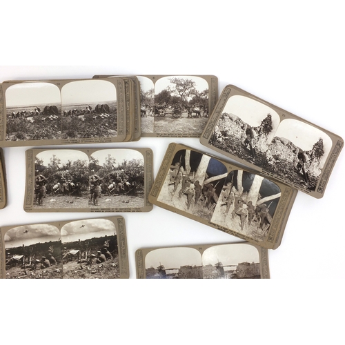 217 - Part set of Military interest WW1 stereoscopic view cards including snipers, the Germans retaliating... 