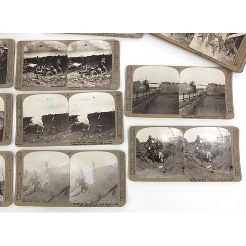 217 - Part set of Military interest WW1 stereoscopic view cards including snipers, the Germans retaliating... 