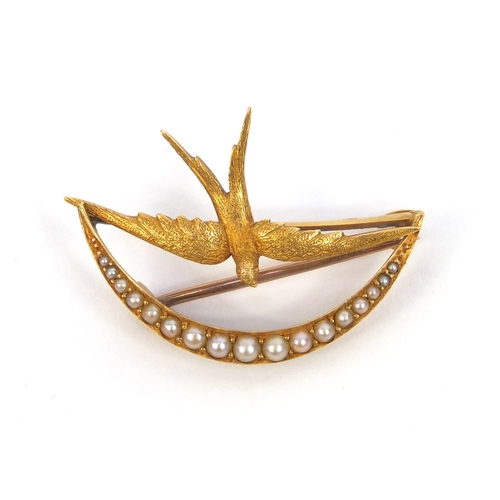 834 - Unmarked gold seed pearl swallow brooch, 3.5cm long, approximate weight 4.5g